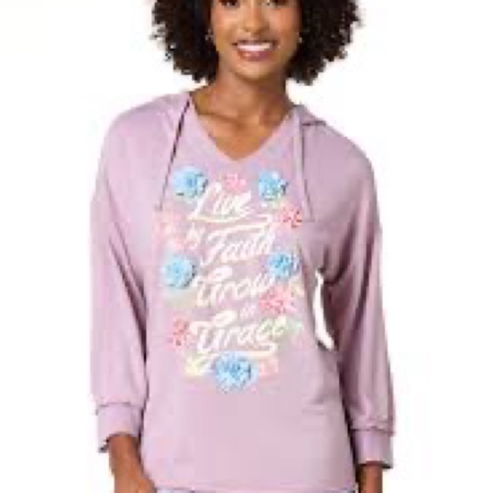 Cato Lavender Inspirational Floral Graphic Hoodie with 3D Blue Flowers